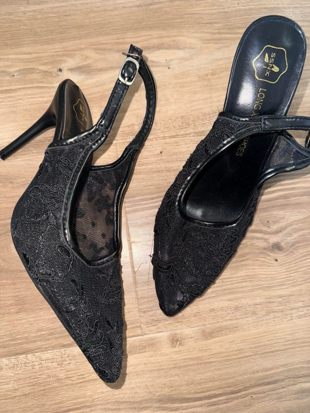 Brand new black sheer floral pattern slingback heels